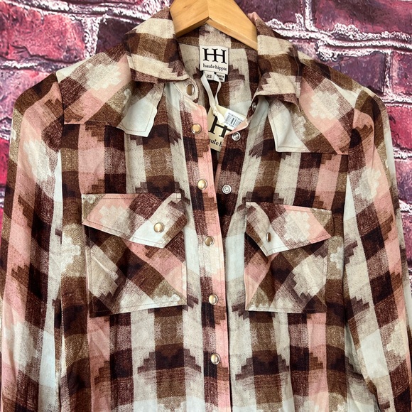 NWT Haute Hippie 100% Silk Plaid Western Snap Blouse - Brown/Cream - Picture 2 of 8